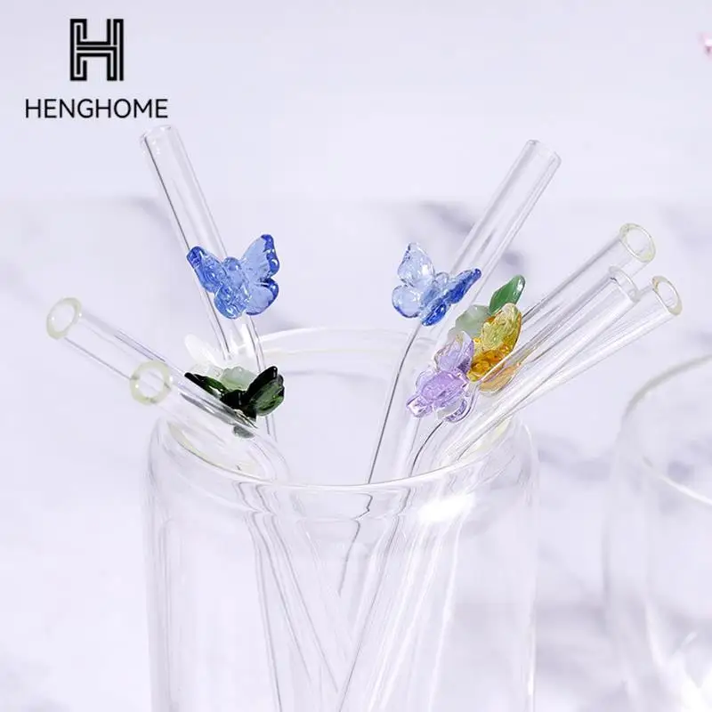 Reusable Butterfly Glass Drinking Straws With Cleaner Brush Drinkware Cocktails Tea Coffee Juice Eco Friendly Bar Party Supplies