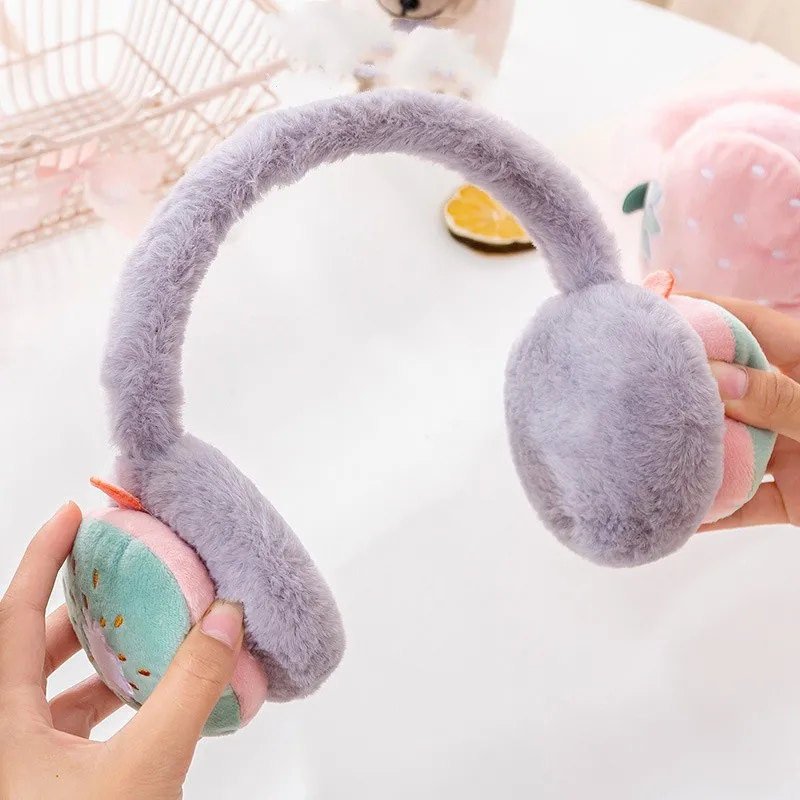 Cute Cartoon Fruit Girls Winter Warm Ear Muffs  Fluffy Fold Burger Shape Headphone Earmuffs Soft Cashmere Warmer Fake Fur Earlap