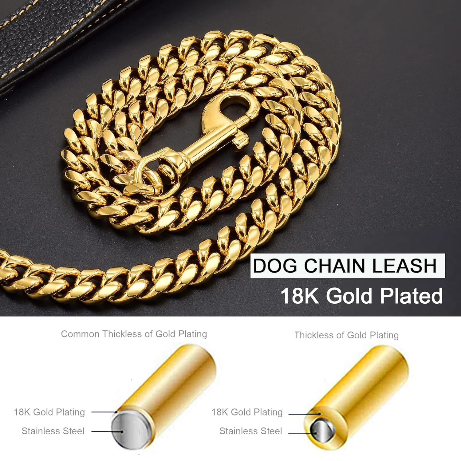 14MM Gold Dog Leash Stainless Steel Metal Chew Proof Dog Lead Chain for Dogs Pet Traction Rope