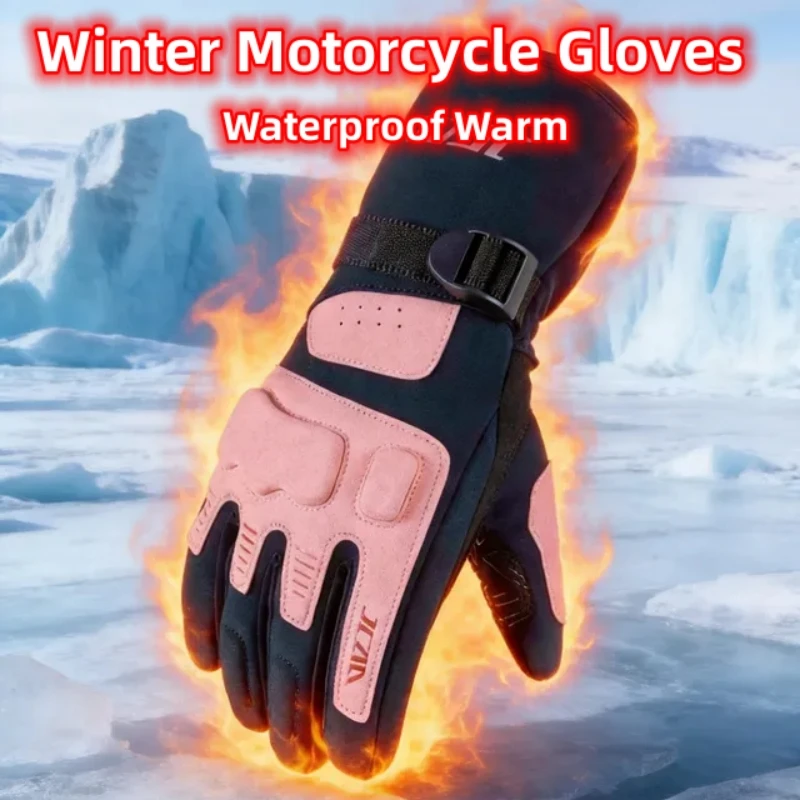 JCAA Winter Motorcycle Gloves Waterproof Warm Touchscreen Full Finger Glove Non-Slip Protective Riding Gloves Gray/Pink S-XXL