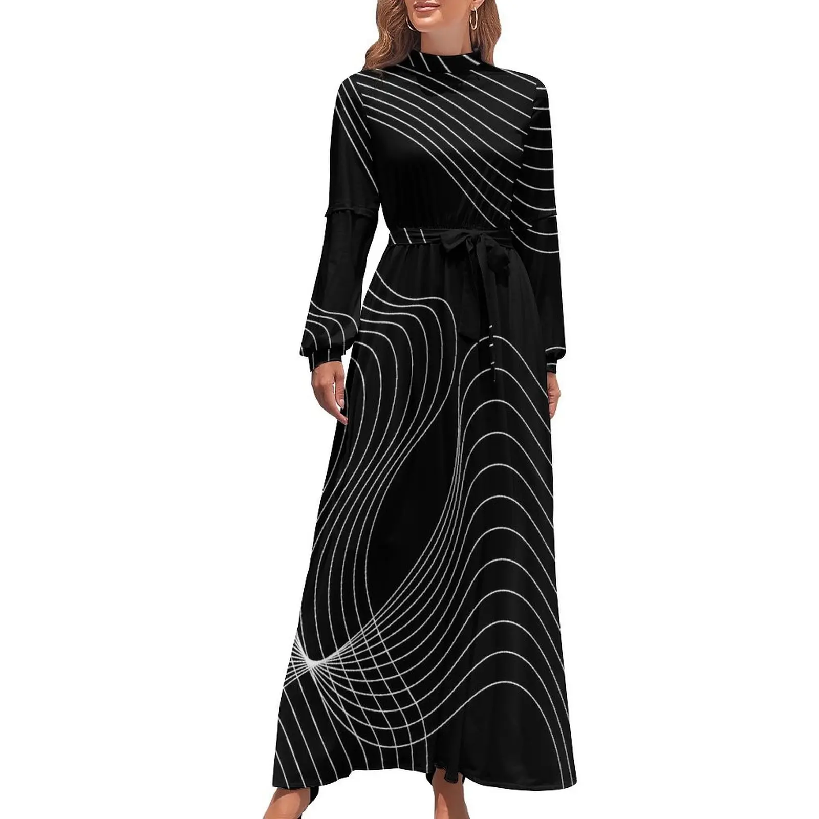 

Striped Print Dress Wave Abstract Lines Modern Design Maxi Dress High Waist Long Sleeve Casual Boho Beach Long Dresses