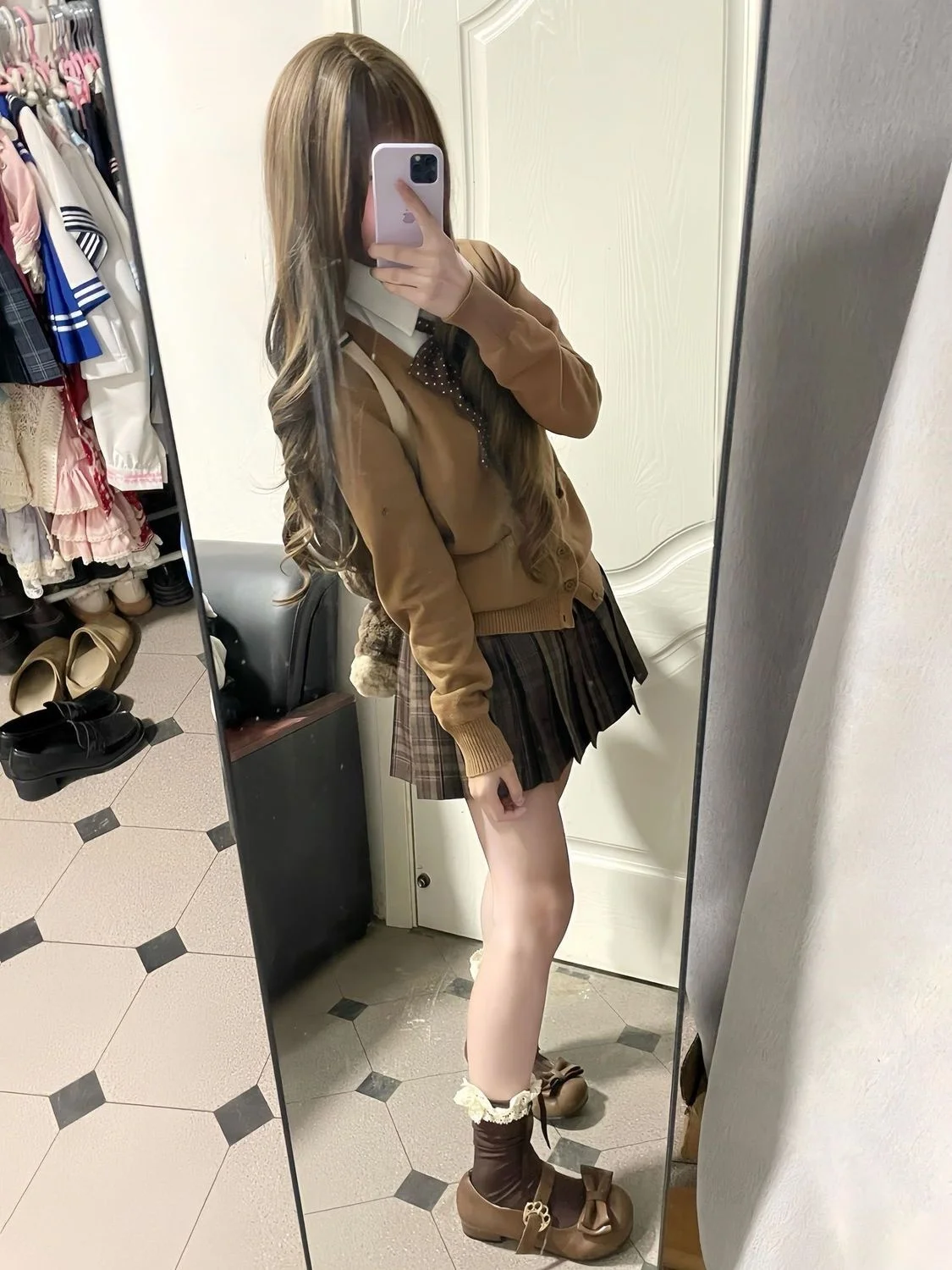 

Комплект Caramel Soft orm с кардиганом Многослойная верхняя одежда Осень Зима Feel JK Юбка College Sle Long Sve Ne