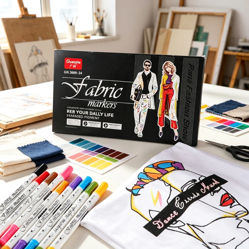 GuangNa 12/24 Colors Dual Tip Fabric Markers, Permanent Art Pens for T‑Shirts, Clothes, Sneakers, Canvas, Adults DIY Painting