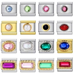 URING Trendy Rectangle Ellipse Round Colorful CZ Charms Italian Links 9mm Bracelets Bangle Stainless Steel DIY Making Jewelry