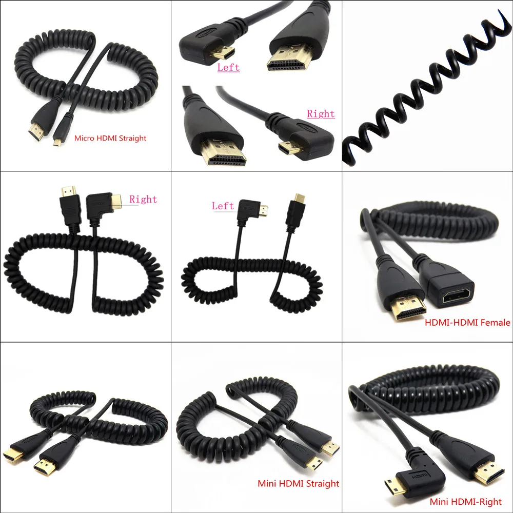 

HD-compatible HDTV to Right & Left Angle Mini HD & HD & Micro HD male to male stretch Spring Curl Flexible