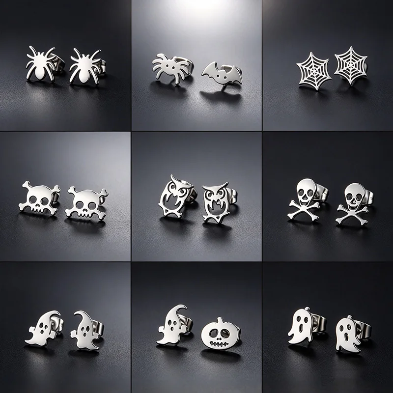 Halloween Stainless Steel Skull Ghost Earring Asymmetry Spider Bat Ear Jewelry Cool Girls Party Personality Earrings Accessories