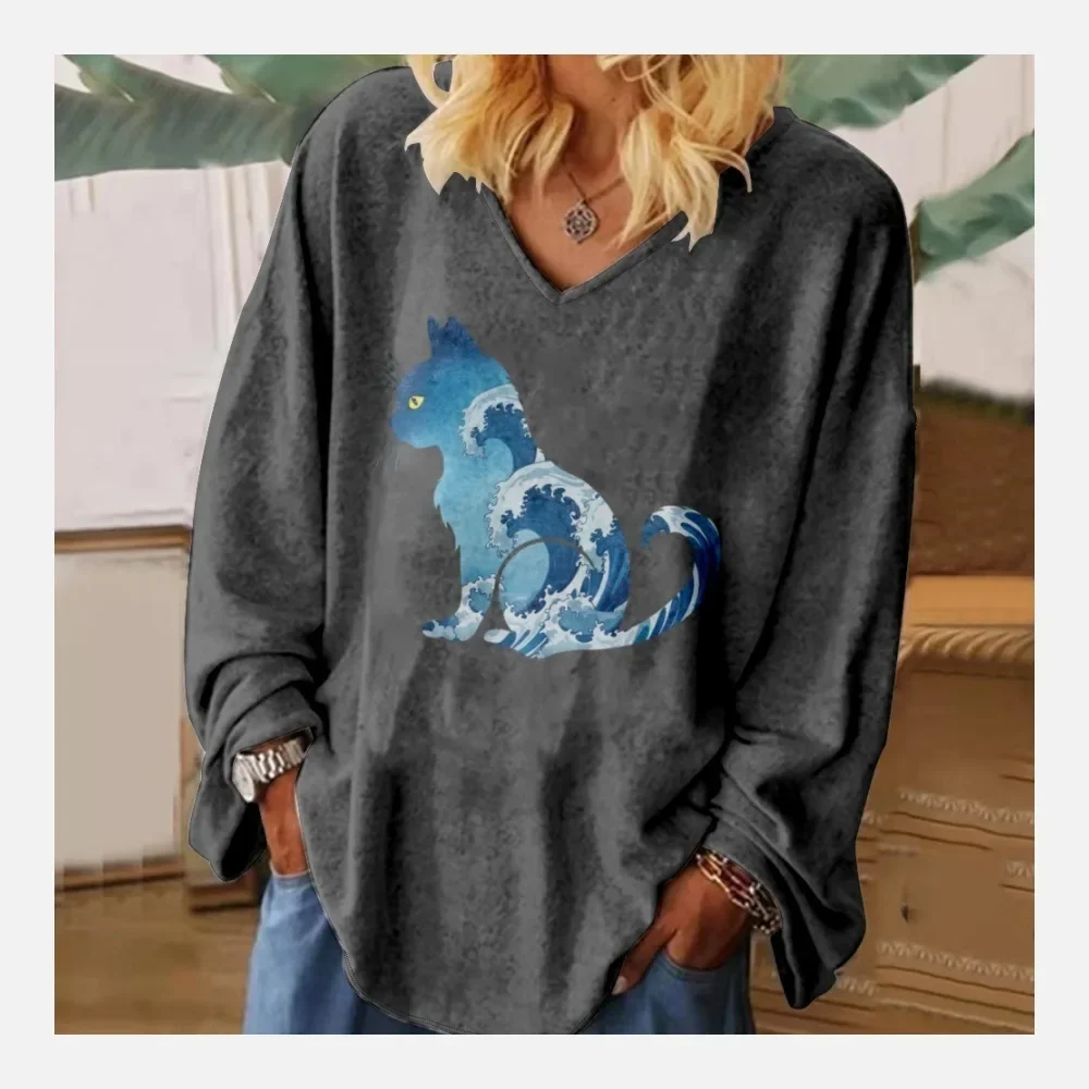 Ukiyo-e Wave Cat Print Women Long Sleeve Shirts Causal V-Neck Oversized T-Shirt Fashion Basic Tops Dressy Elegant Blouse