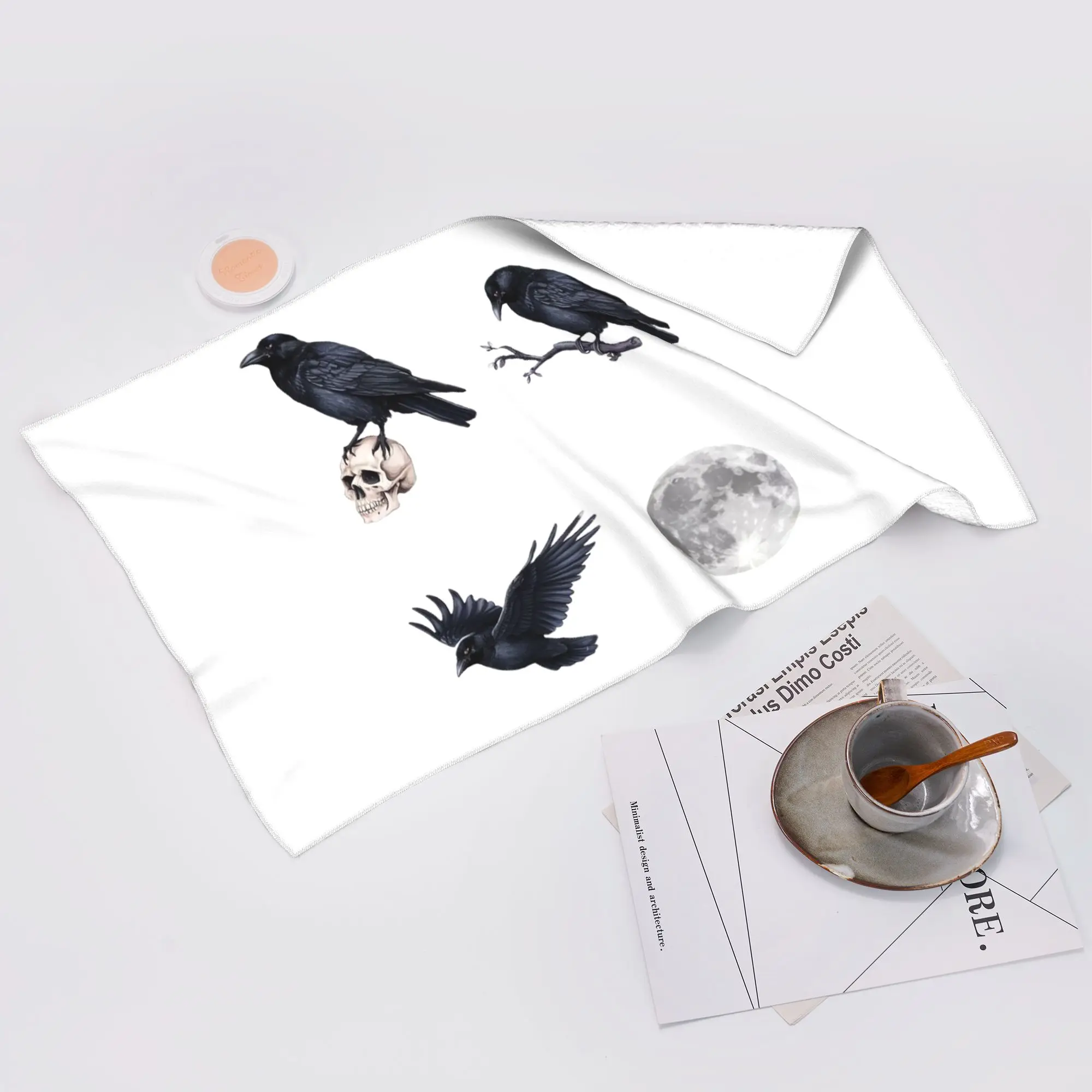 Custom Trendy Black raven crow ,skull and moon Pack Soft Face Towel Quick Dry Pool Bath Cotton Towels Absorbent