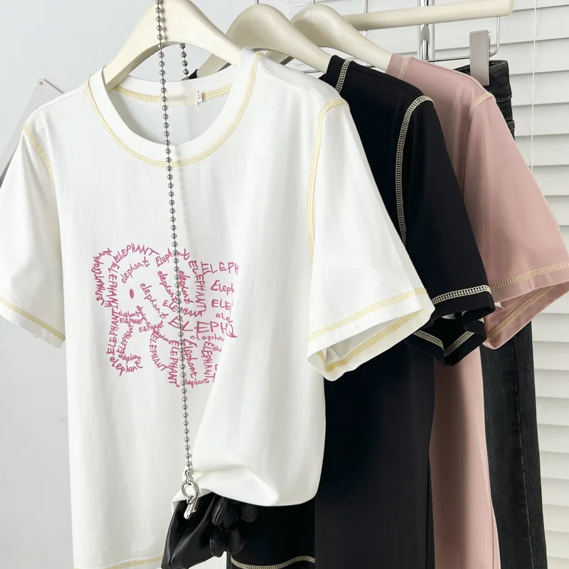 

Летний топ 100 кг, новые повседневные яркие футболки с короткими рукавами и принтом букв слона, ледяного шелка, женская футболка больших размеров 766