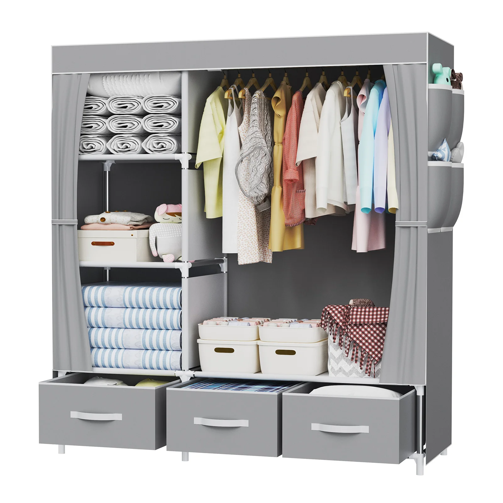 Canvas Wardrobe, Pop up Fabric Wardrobes with hanging areas, 3 stacking compartments,4 Side Bag, storage underneath,for Bedroom