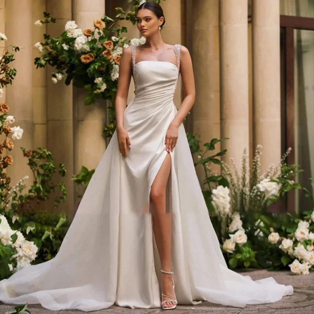 

Роскошное свадебное платье без рукавов на тонких бретельках по индивидуальному заказу, атласное свадебное платье трапециевидной формы с квадратным вырезом и бисером, со съемным шлейфом