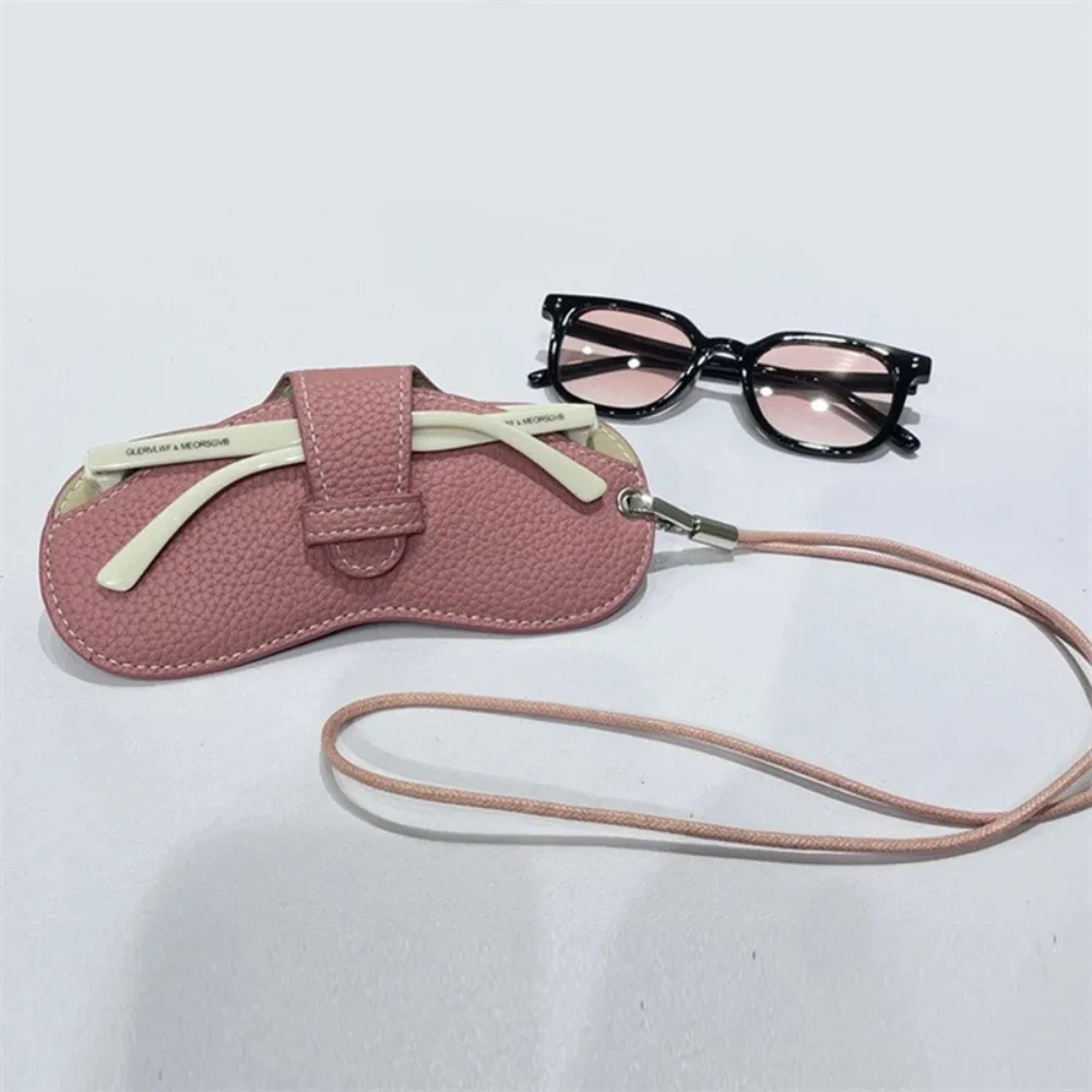 Fashion Solid Color Glasses Bag PU Leather Portable Sunglasses Cover Case With Rope Eyewear Clip Women Men