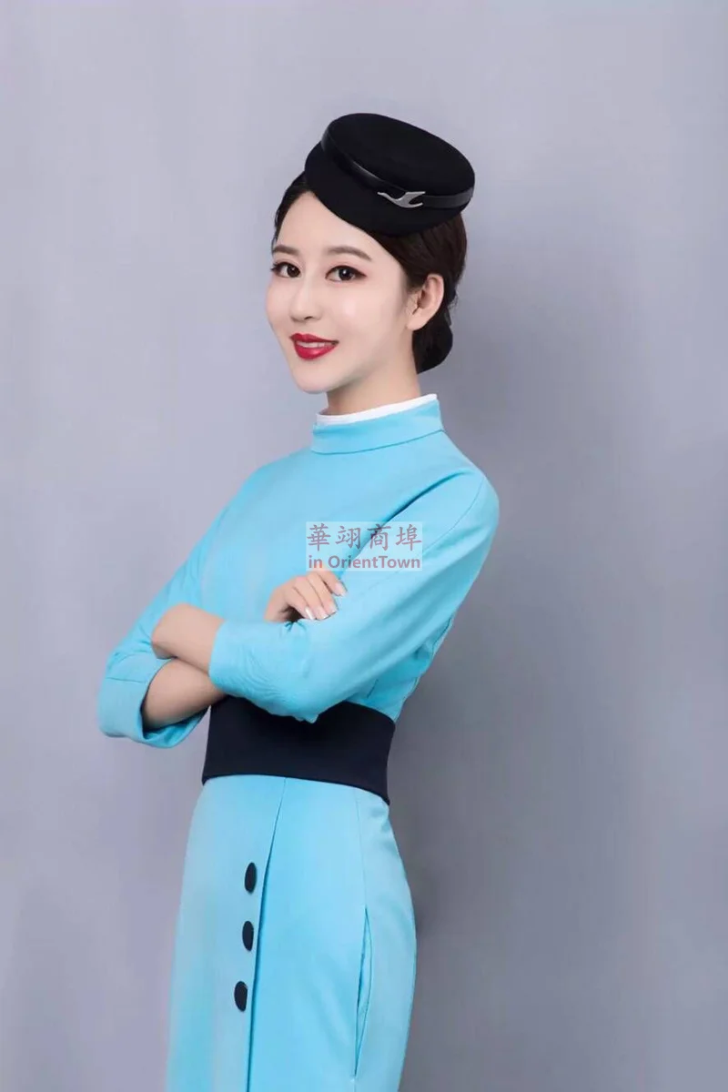 Airline Company Captain Uniform Woman Stewardess Blue Dress Three Quarter Sleeve Professional Attire Etiquette Work Clothes Lady