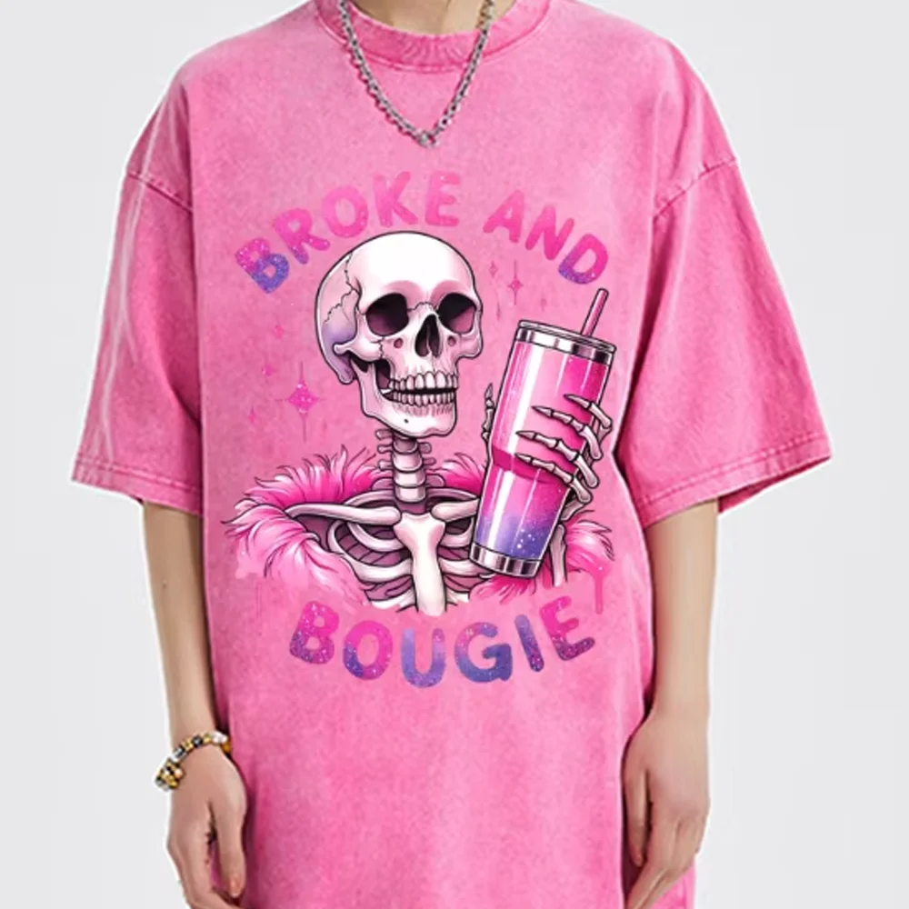

Skull Drink Print Summer New Ladies T-Shirt Washed Fabric Oversized Couple Short Sleeve American Vintage Distressed Pink Top