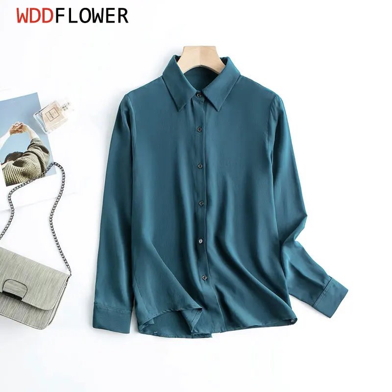 100% Mulberry Silk Women Long Sleeve Shirt Crepe Silk Turquoise Solid Color Blouse Top Office Work ZY001