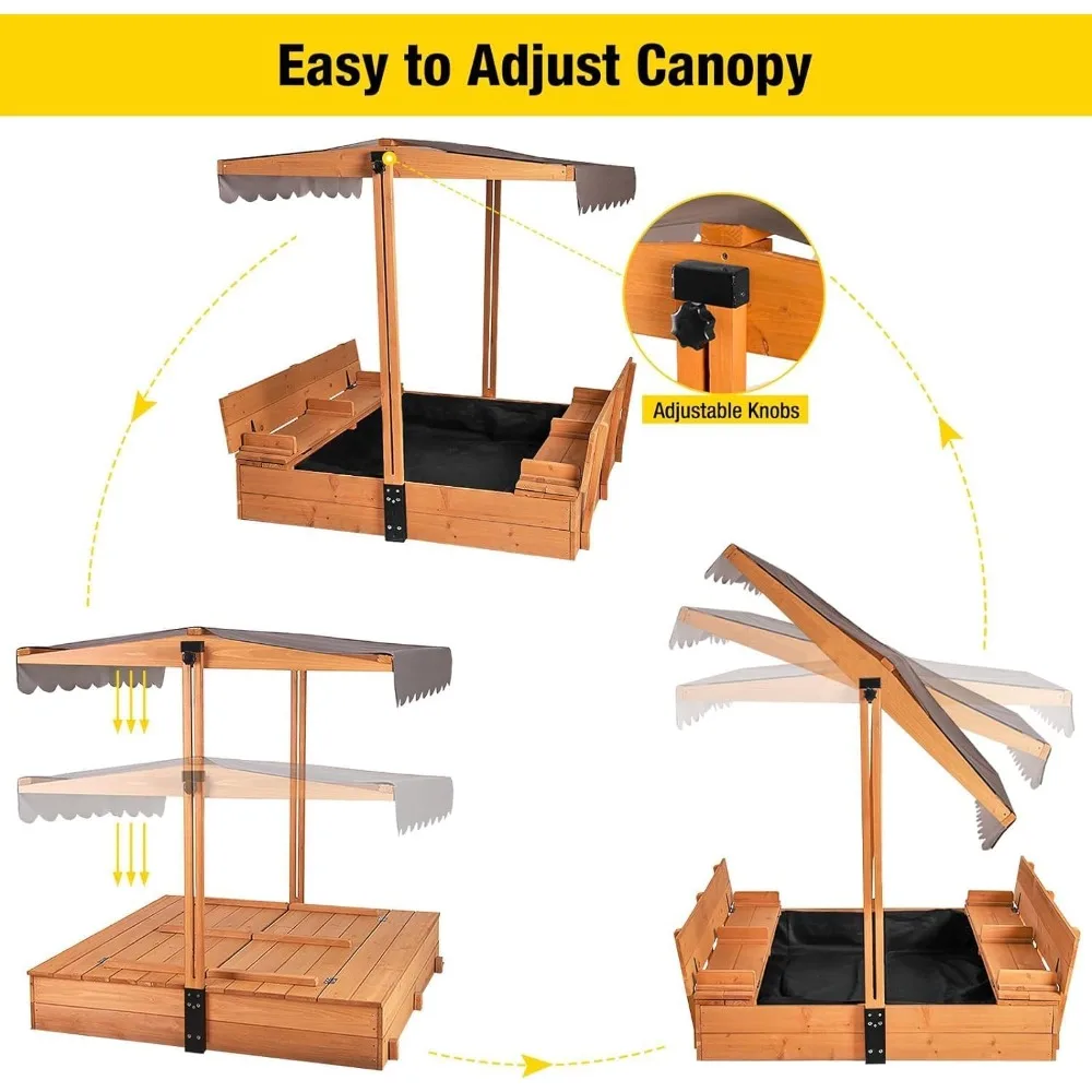 

Kids Sand Boxes with Canopy Sandboxes with Covers Foldable Bench Seats, Children Outdoor Wooden Playset
