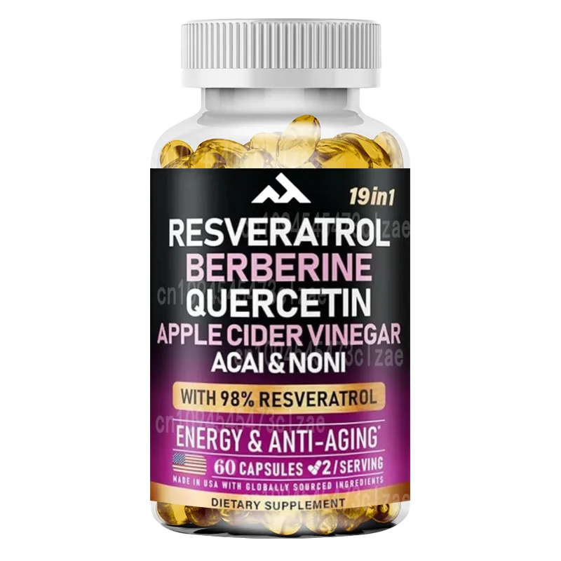 Resveratrol Supplement - 19-in-1 Organic Polyphenol Complex - Berberine | Quercetin | Apple Cider Vinegar | Acai - 60 Capsules