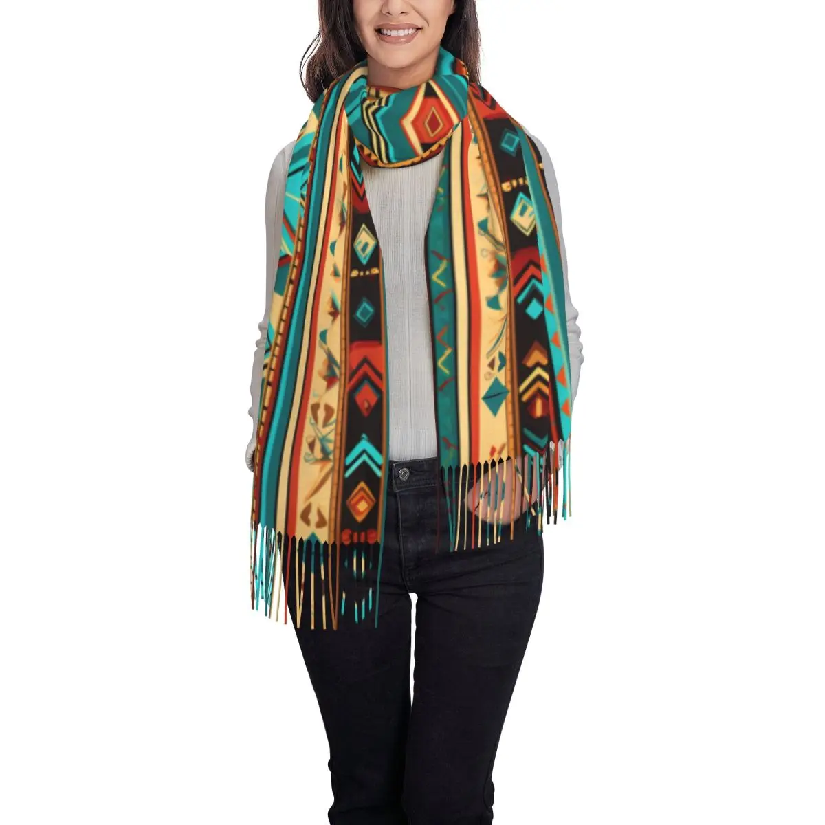 Native Southwest American Aztec Navajo 2 Scarf Wrap for Women Long Winter Warm Tassel Shawl Unisex Scarves