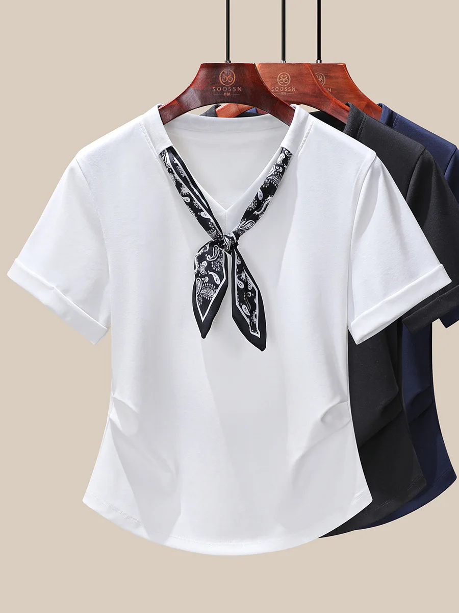 Weißes Damen-T-Shirt mit V-Ausschnitt, 2025, Sommerschal-inspirierter Ausschnitt, dehnbare Baumwollbluse in Übergröße, trendig (M-4XL)