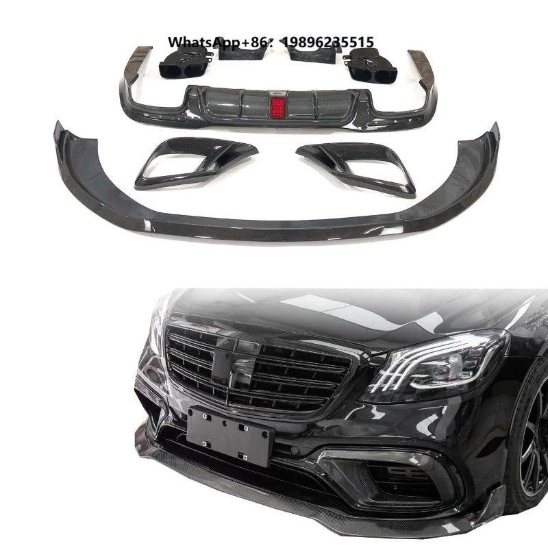W222 S63 Auto Parts Body Kit Carbon Fiber Carbon Black Polished Finish Full Set Front Lip Vent Rear