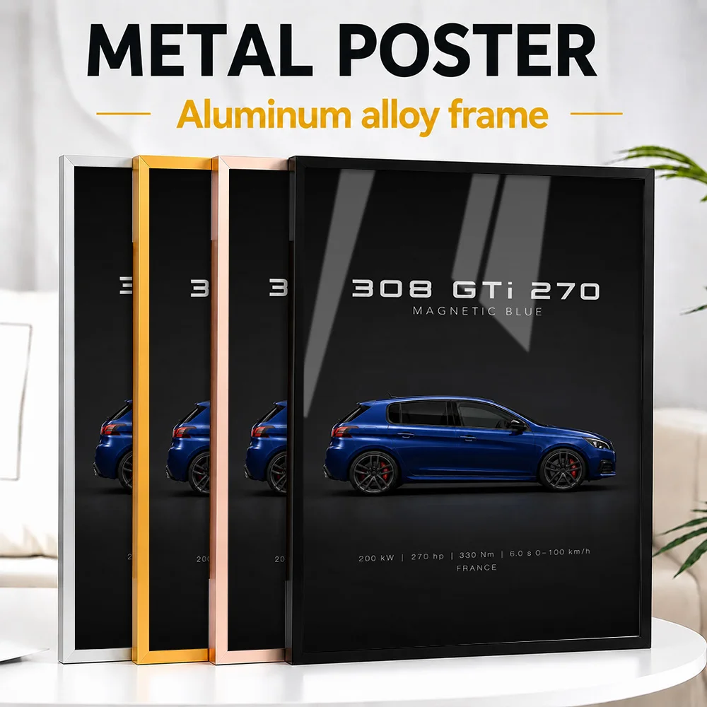 French 308 GTI 270 Magnetic Blue Sports Car Framed Metal Print Customized Speed Culture Wall Art Gift For Vehicle Collectors