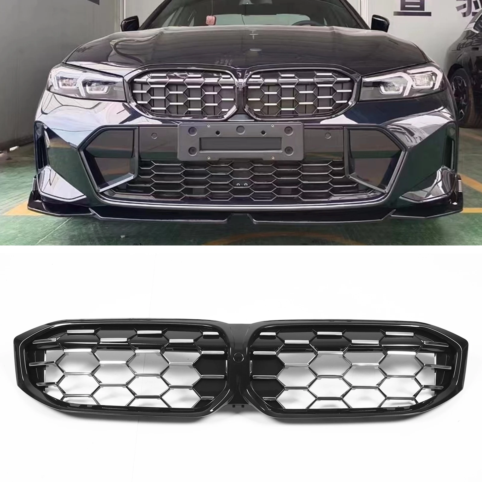 Car Front Grille Upper Bumper Hood Mesh Grills Grid With Camera Hole For BMW 3 Series G20 G21 G28 320i 325i 330i 2023-2024