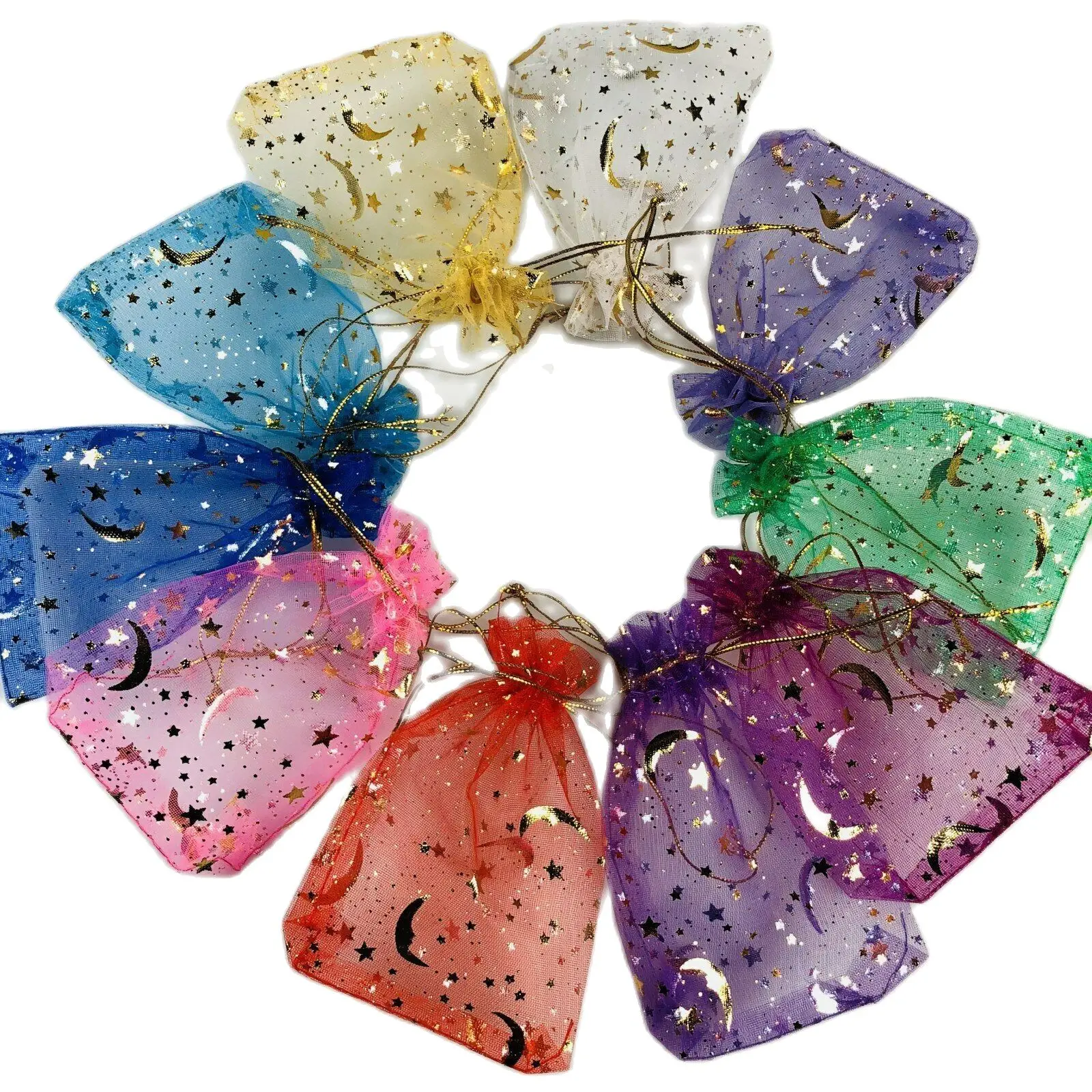 100pcs/Lot 7x9 9x12cm Moon Stars Organza Gift Pouches Butterfly Jewelry Bags Drawstring Gift Packaging Bags Christmas Gift Bags