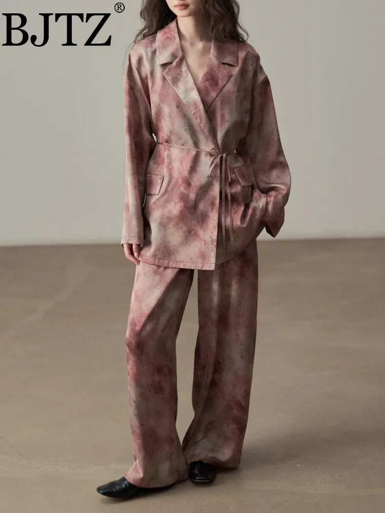 

BJTZ Ретро чернильный порошок, окрашенная в тушью куртка с длинными рукавами на шнуровке, женская свободная посадка, прямые широкие брюки, новые комплекты