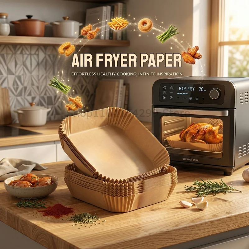 Tapadásmentes bevonattal, sütőpapírral bélelve Tapadásmentes sütőpapírok sütőhöz AirFryer betétek Papír konyhai kiegészítők Sütőpapír betétek egészséges főzéshez Sütéshez AirFryer kiegészítők sütőhöz és mikrohullámú sütőhöz Könnyen tisztítható és szétszerelhető