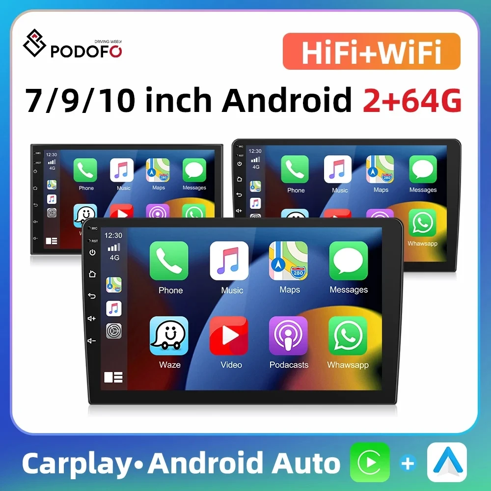 Podofo 7''/9''/10'' Android Car Radio 2+64G Multimedia Video Player Carplay Android Auto GPS Navigation WIFI Hi-Fi Autoradio