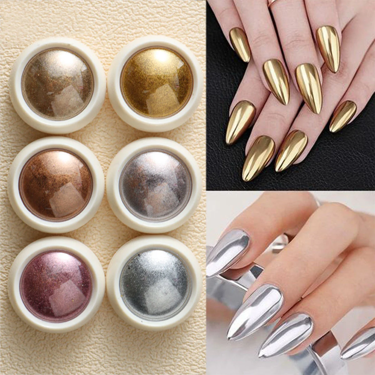 6 Stück Gold Metallic Spiegel-Glitter Nagelkunst-Puder Roségold Silber Pulver UV-Gel-Lack Chrom-Reibepigment Flocken Maniküre DIY
