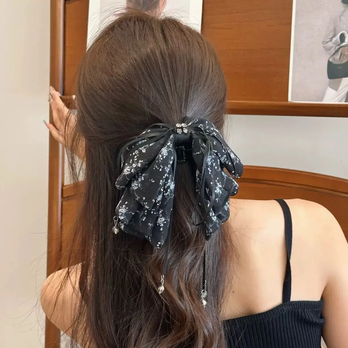 

Pince à ruban queue de cheval multicouche avec nœud papillon imprimé de haute qualité, accessoires pour cheveux pour femmes