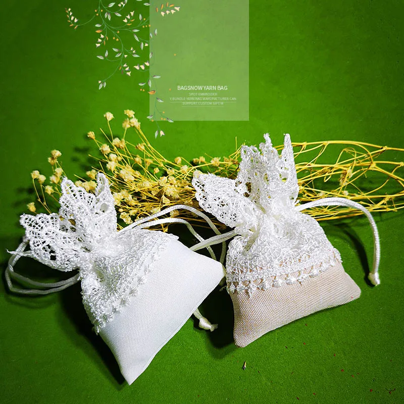 10pcs White Lace Embroidery Candy Gift Bag with Drawstring Jewelry Tea Packaging Bags Wedding Christmas Birthday Party Supplies