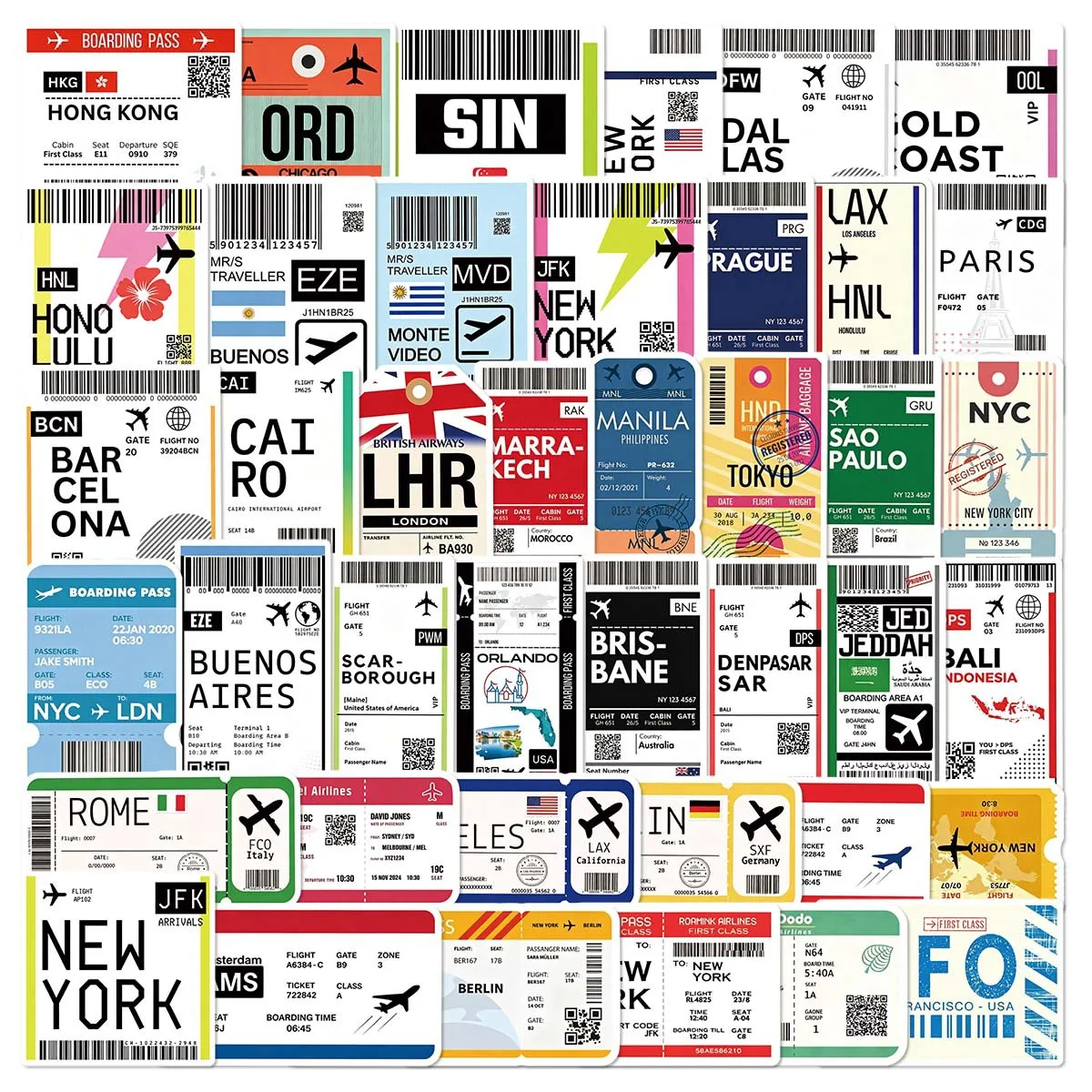 50Pcs Air Tickets Boarding Pass Stickers Graffiti DIY Travel Luggage Suitcase Phone Guitar Laptop Waterproof Cool Sticker