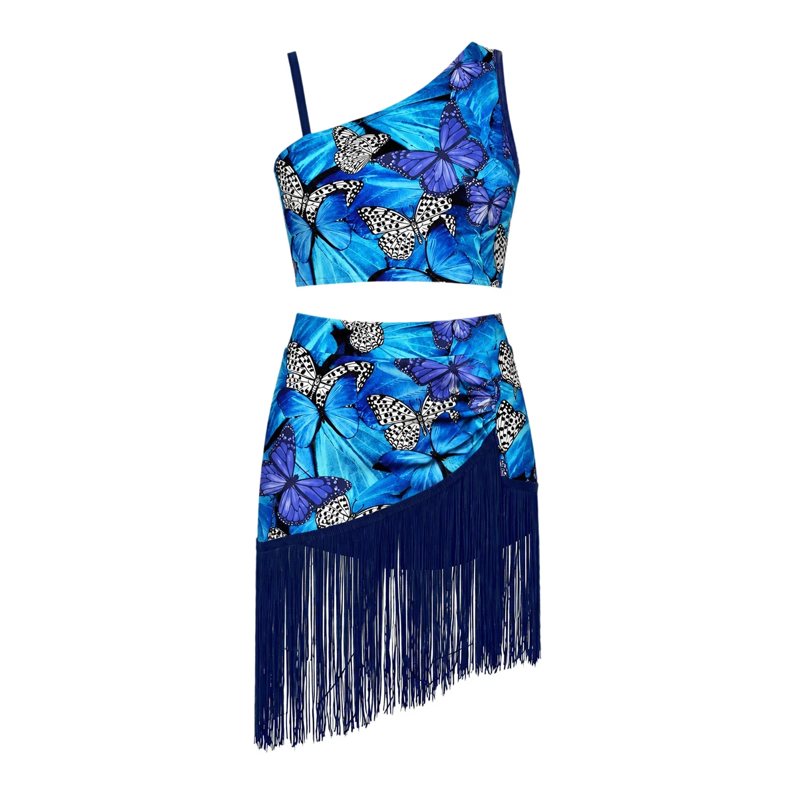 Kids Girls Latin Dance Outfit Leopard Print One Shoulder Crop Top with Tassel Skirt Tango Cha Cha Samba Dance Practice Clothing