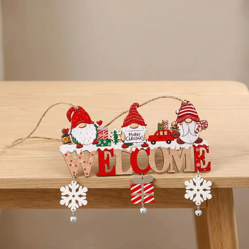 Letrero de bienvenida navideño de madera, adorno colgante con motivos de gnomo, Papá Noel, copo de nieve y campana, para decorar el árbol de Navidad, la puerta de casa o la pared, ideal como regalo.