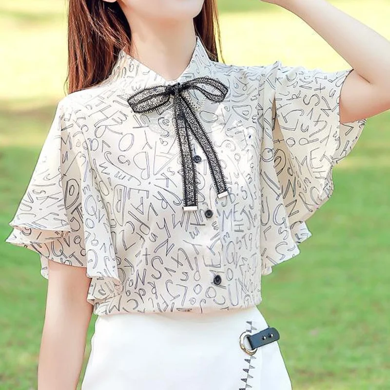 Summer New Short Sleeve Chiffon Blouse Printing Bow Patchwork All-match Loose Elegant Shirt Tops Fashion Office Women Clothing