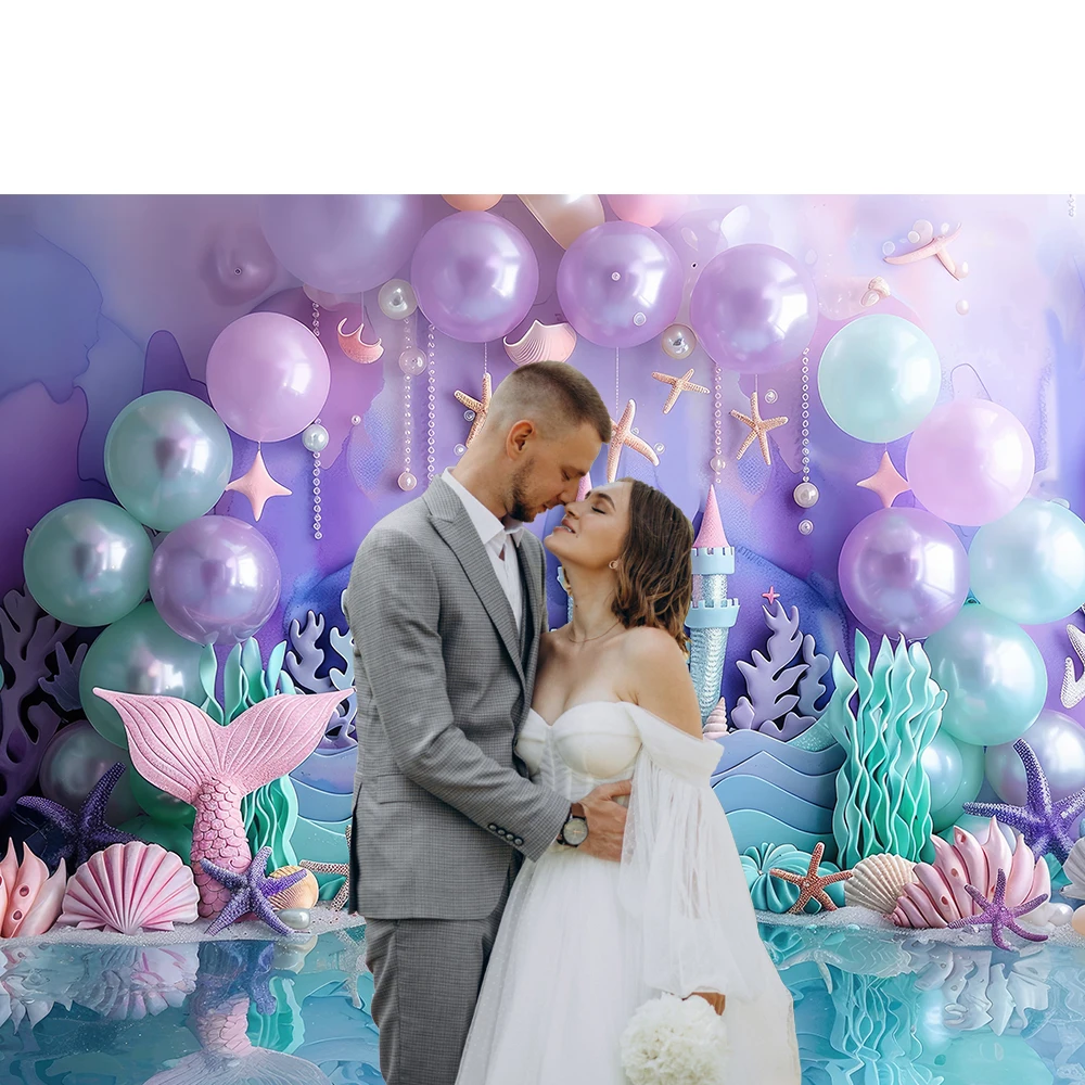Bonvvie-fundo de fotografia sereia para meninas, princesa decoração de festa, bolo Smash Backdrop, Photo Studio Props, roxo e rosa, 1 ° aniversário