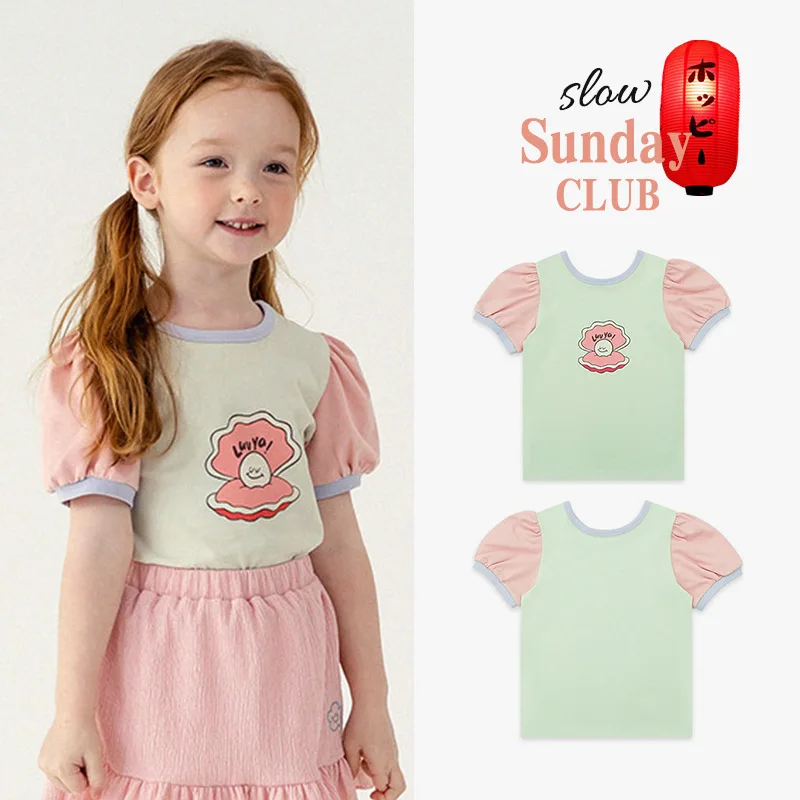 

Jenny&Dave Spot 23 Summer New Girls' Fashionable Top, Cute Shell Print, Bubble Sleeve, Casual Short Sleeve, Children's