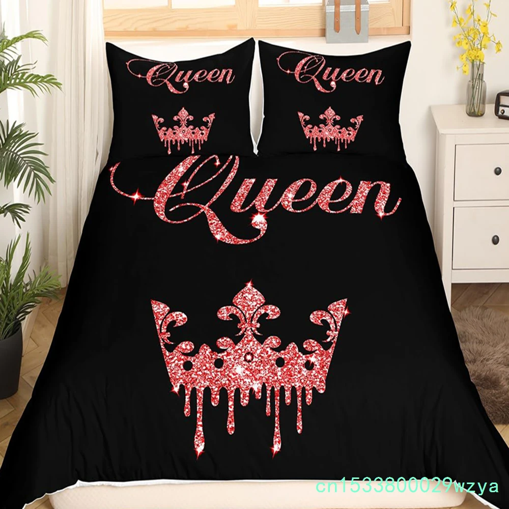 Modern King Crown Duvet Cover Twin Black Pink Bedding Set Women Adults Couple Comforter Cover Girls Valentines Day Quilt Cover