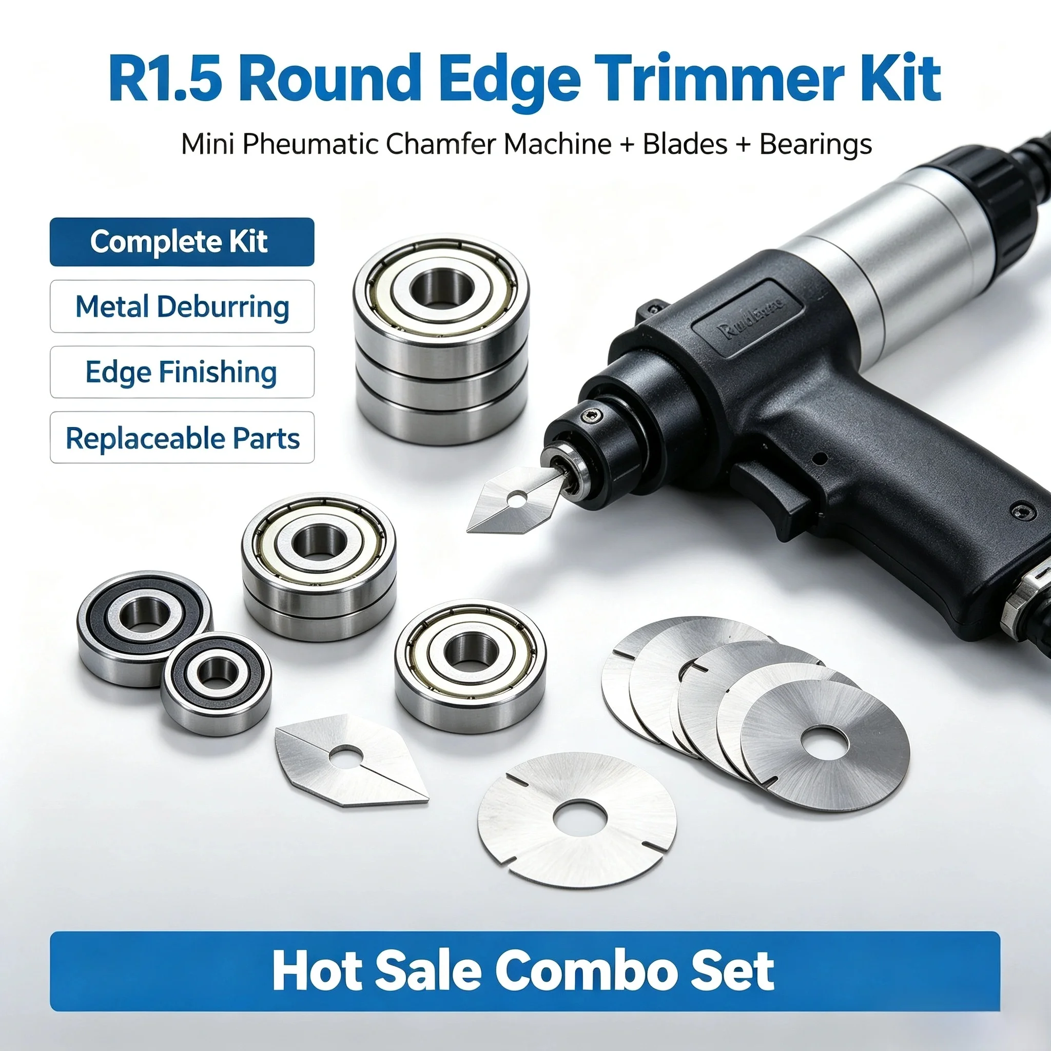 Handheld R1.5 Pneumatic Chamfer Kit: Edge Trimmer, 10 Carbide Blades, 5 Premium+20 Bulk Bearings Metal Deburring Parts