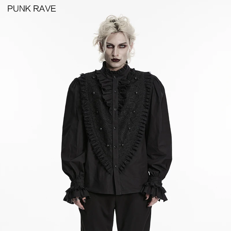 

PUNK RAVE Men's Gothic Palace Lace Mesh & Cotton Shirt Stand Up Collar Lantern V-shaped Structure sleeves Romantic Dark Top