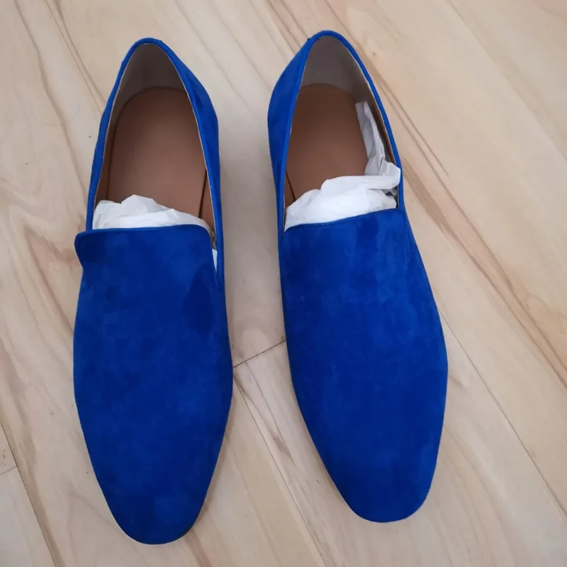 LOUBUTEN High Quality Royal Blue Suede Loafers Casual Leather Shoes Men Handmade Dress Shoes Men\'s Smoking Slippers