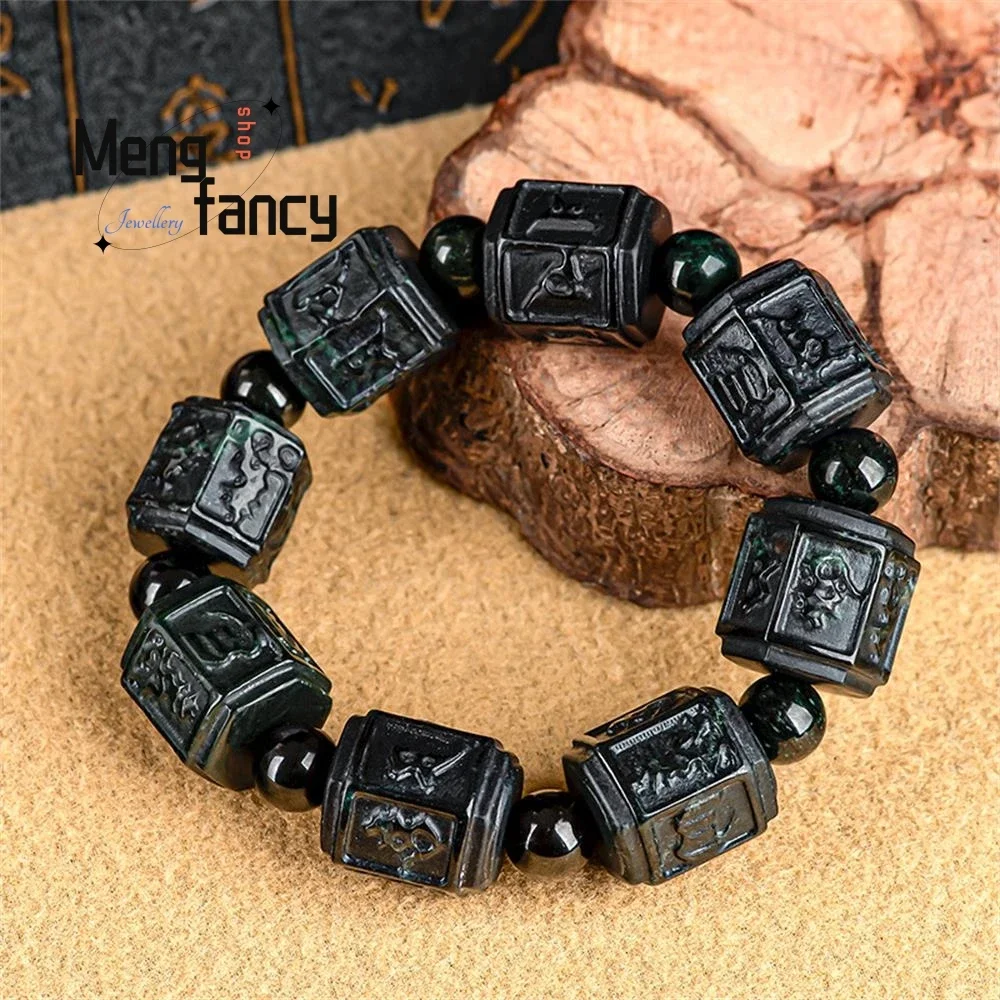 Genuine Natural A-goods Jadeite Ink Jade Six-word Motto High-grade Atmospheric Bracelet Exquisite Luxury Fashion Jewelry Amulets