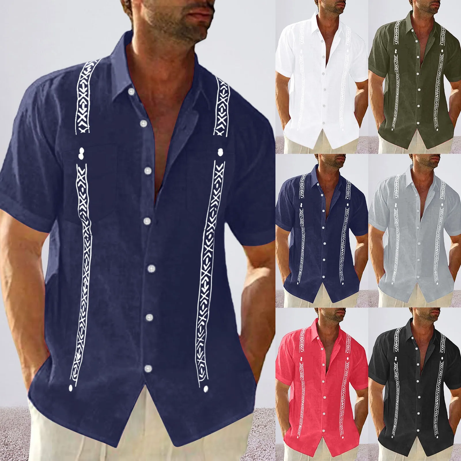 Men's Short Sleeve Linen Shirt Cuban Beach Top Pocket Guayabella Shirt Button Up Casual Summer Shirts For Men 2024 Streetwear