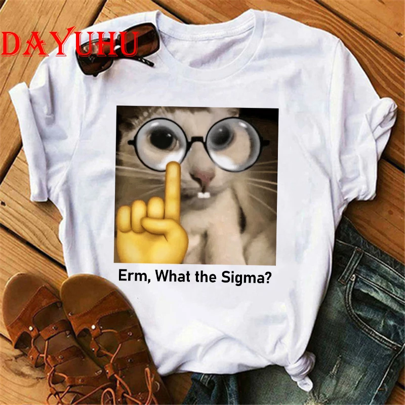 T Shirt Cat Erm What Sigma Divertente Meme T-shirt per donna Silly Cat Humor Stampato Moda Top O-Collo