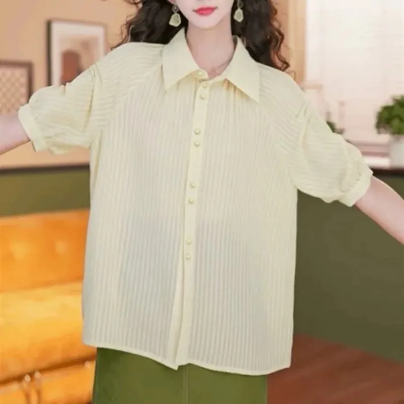 

Hong Style Retro Striped Short-sleeved Shirt For Women Summer New Loose Fashion Versatile Top