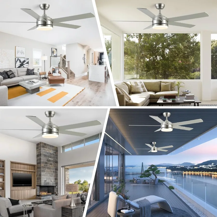 พัดลมเพดานนิกเกิลขัดเงาขนาด 60 นิ้วพร้อมไฟในตัวและรีโมทคอนโทรลสำหรับใช้ภายในหรือกลางแจ้งแบบมีหลังคา: ทำงานไร้เสียง
