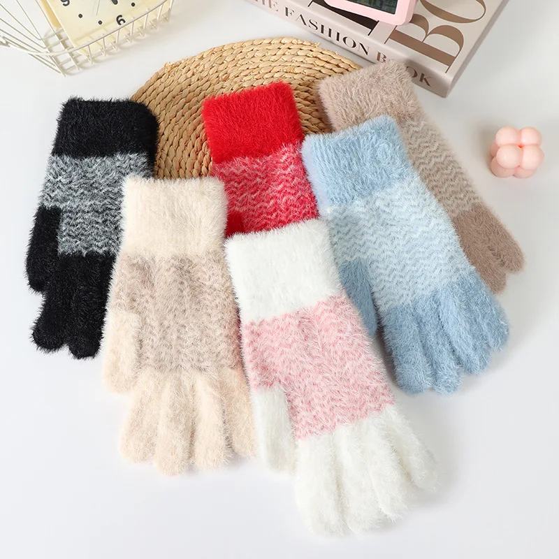 Premium Womens Jacquard Knitted Thickened Warm Five Finger Soft Wool Gloves Cute Style for Outdoor Riding Autumn and Winter