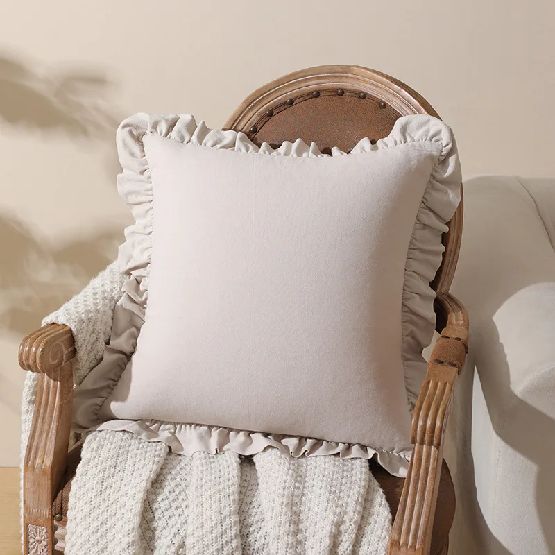 New Washed Cotton Fabric Pillowcase with Ruffled Edge, Soft and Comfortable Solid Color Cushion Cover